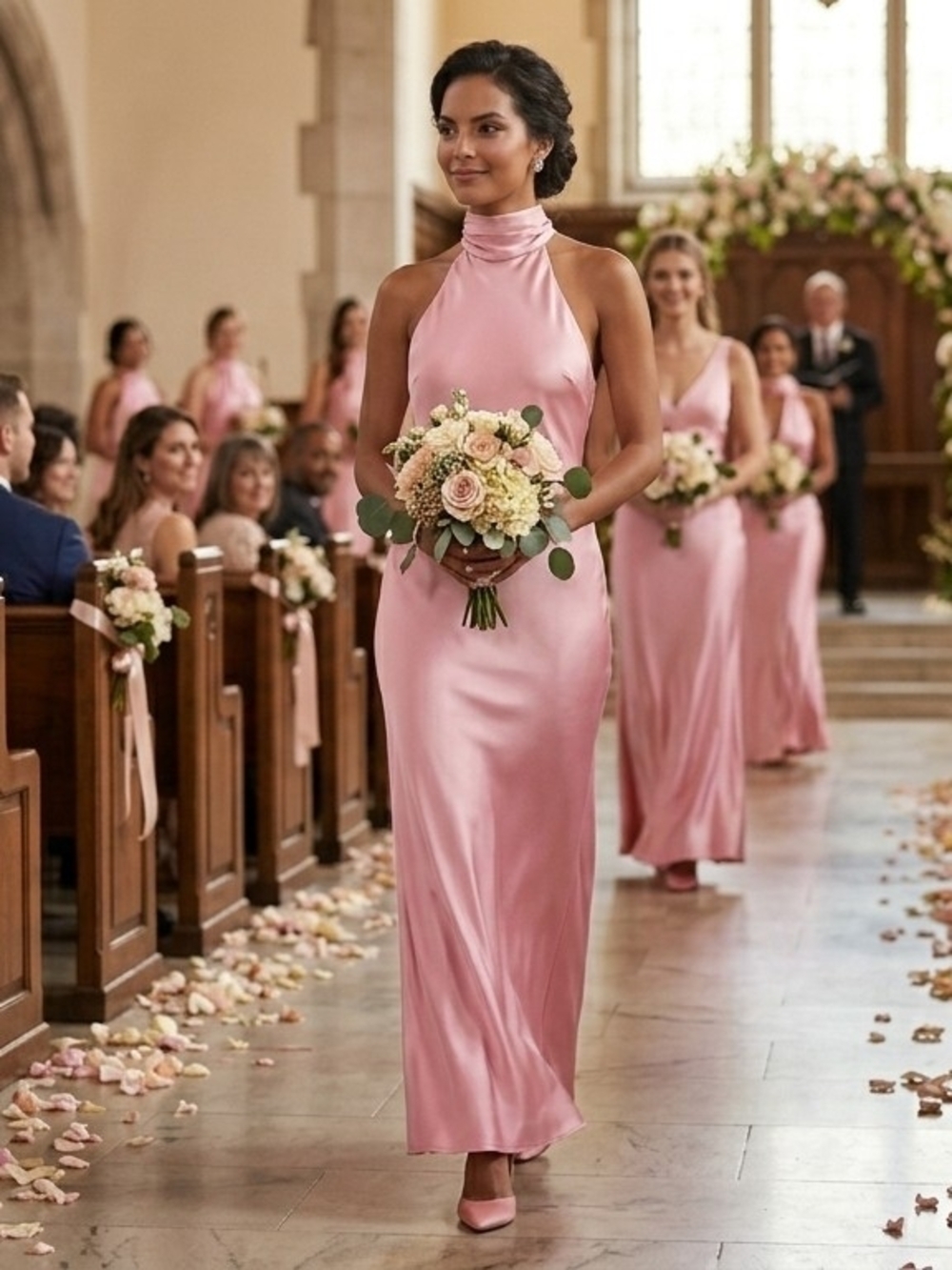 High-Neck Satin Maxi Dress in Blush Pink